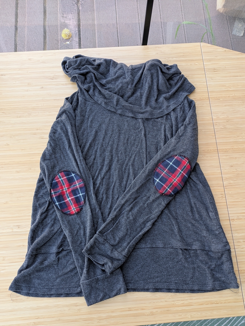 Pinkblush Cowl-Neck Top with Plaid Elbow Patches